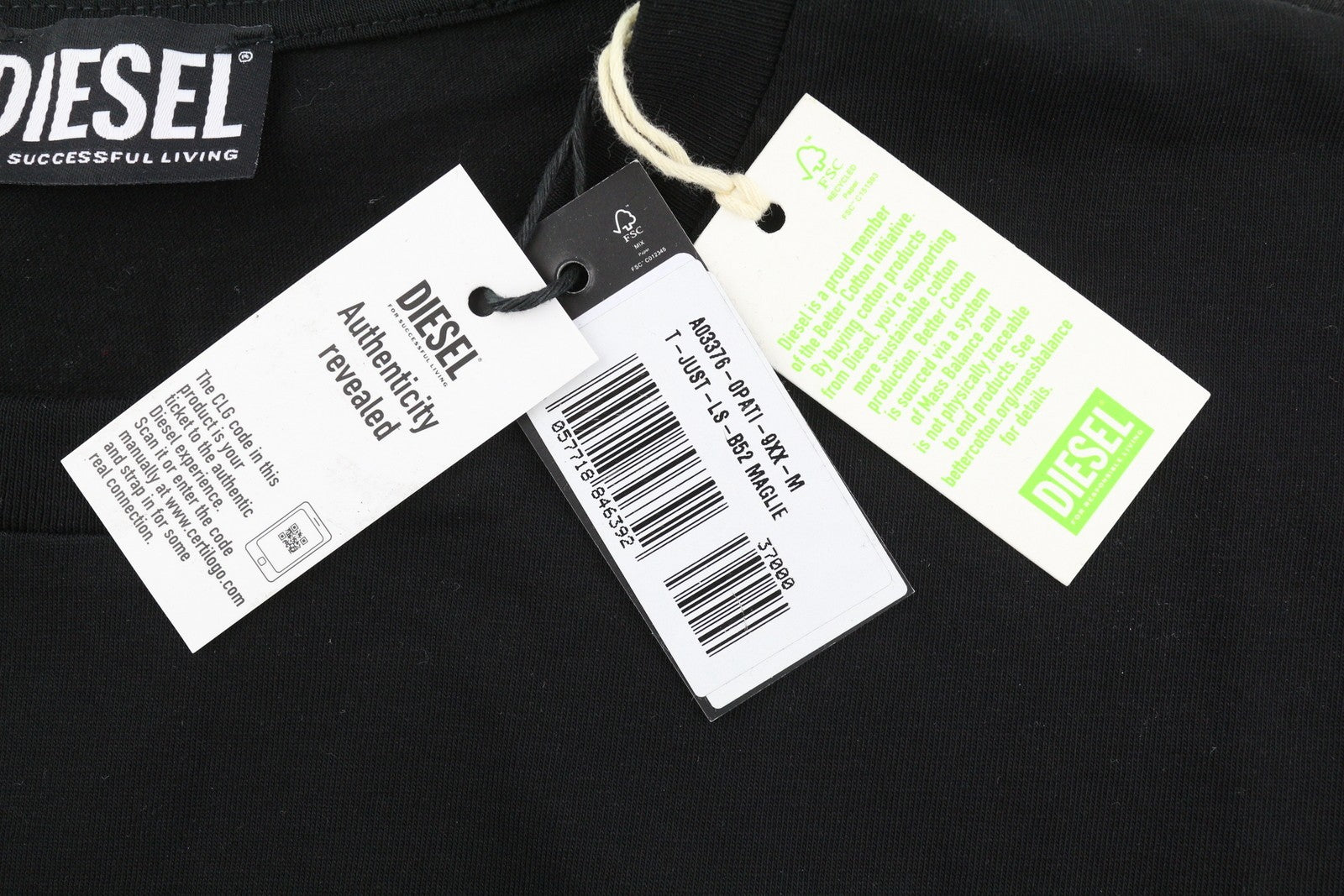 DIESEL T-Just-LS-B52 Men T-Shirt M Black Crew Neck Long Sleeved Tricot