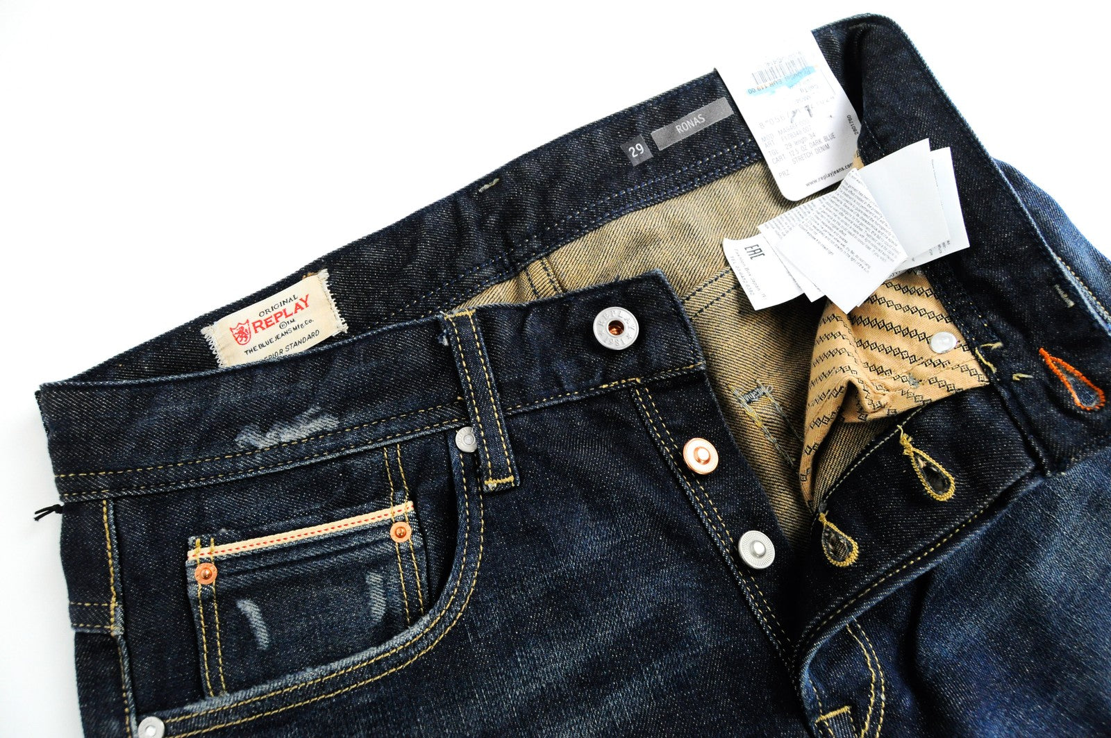 REPLAY Ronas Men Jeans W29/L34 Slim Fit Washed Dark Blue Cotton Stretch Denim