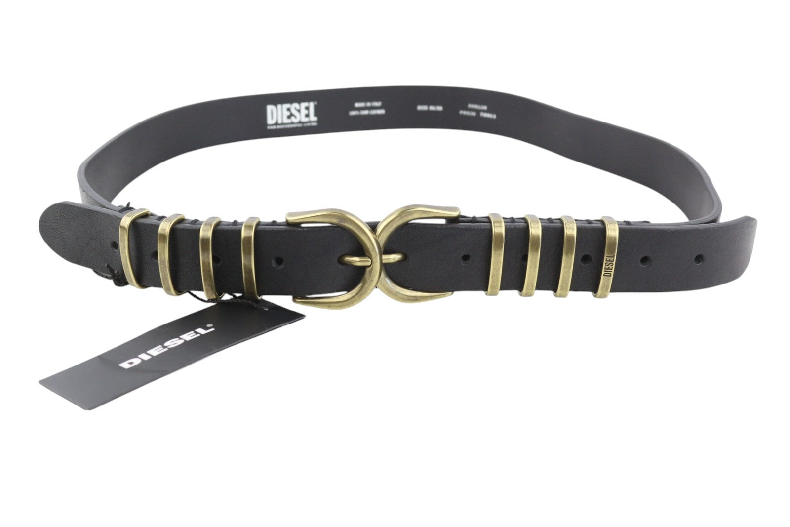 DIESEL B-Stally Women Belt 95 CM Black Leather Golden Tone Details RRP€100