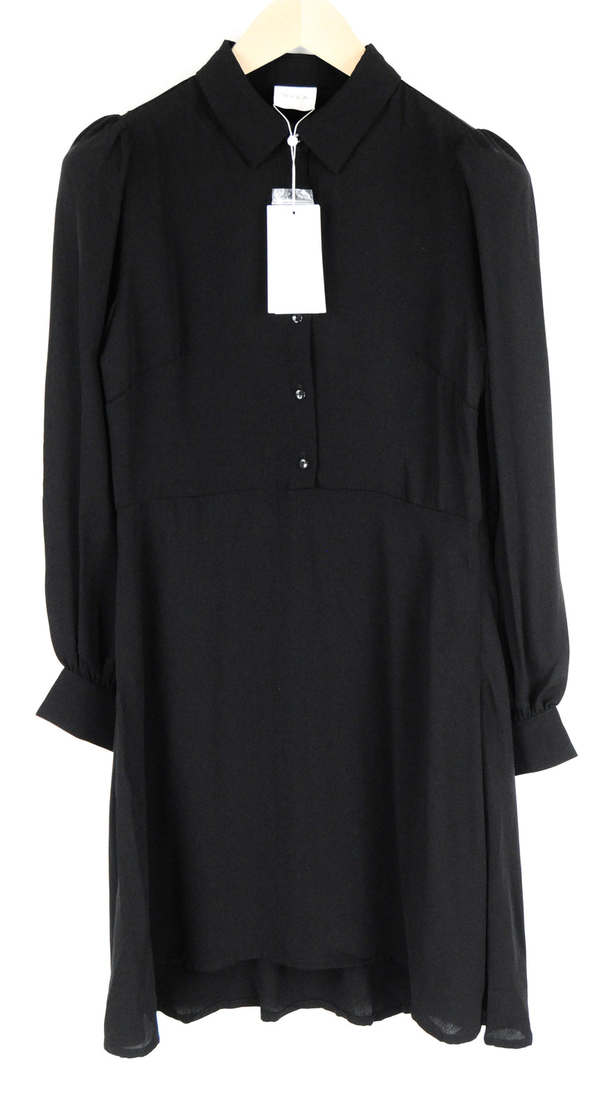 VILA Women Dress 36 Black Long Sleeve Puffy Pleated Half-Buttoned Collared
