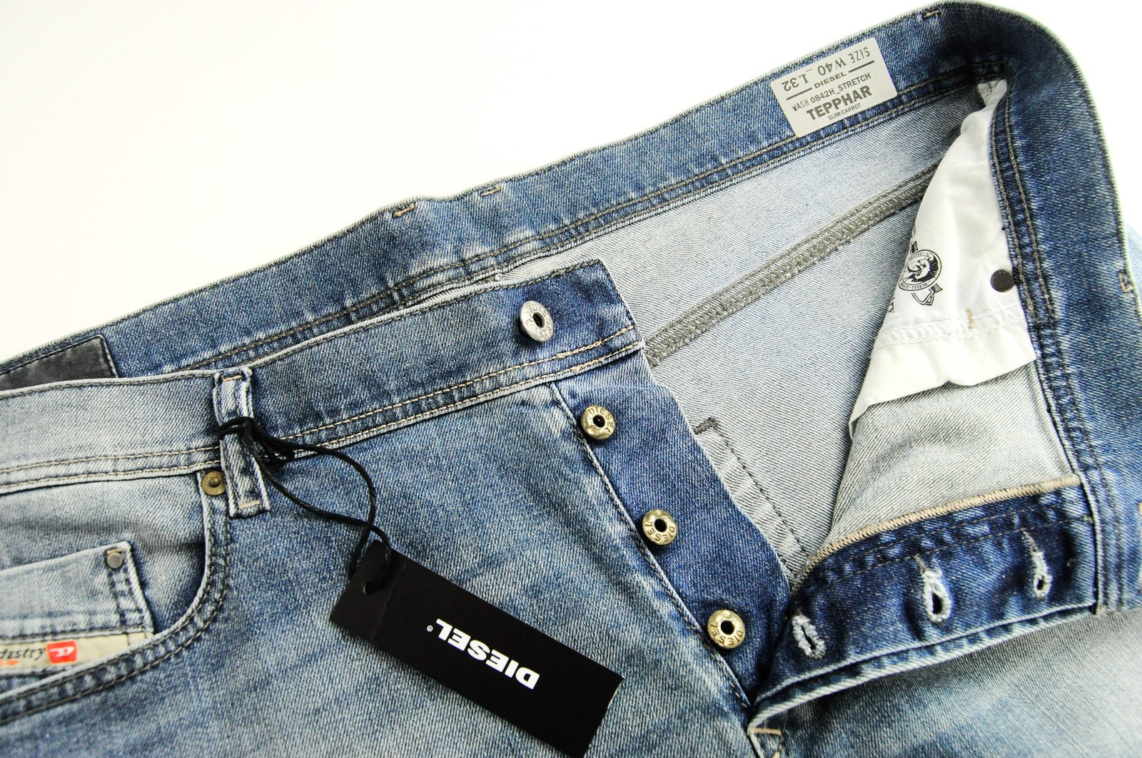 DIESEL Tepphar 0842H Men Jeans W40/L32 Slim Carrot Fit Blue Cotton Washed Denim