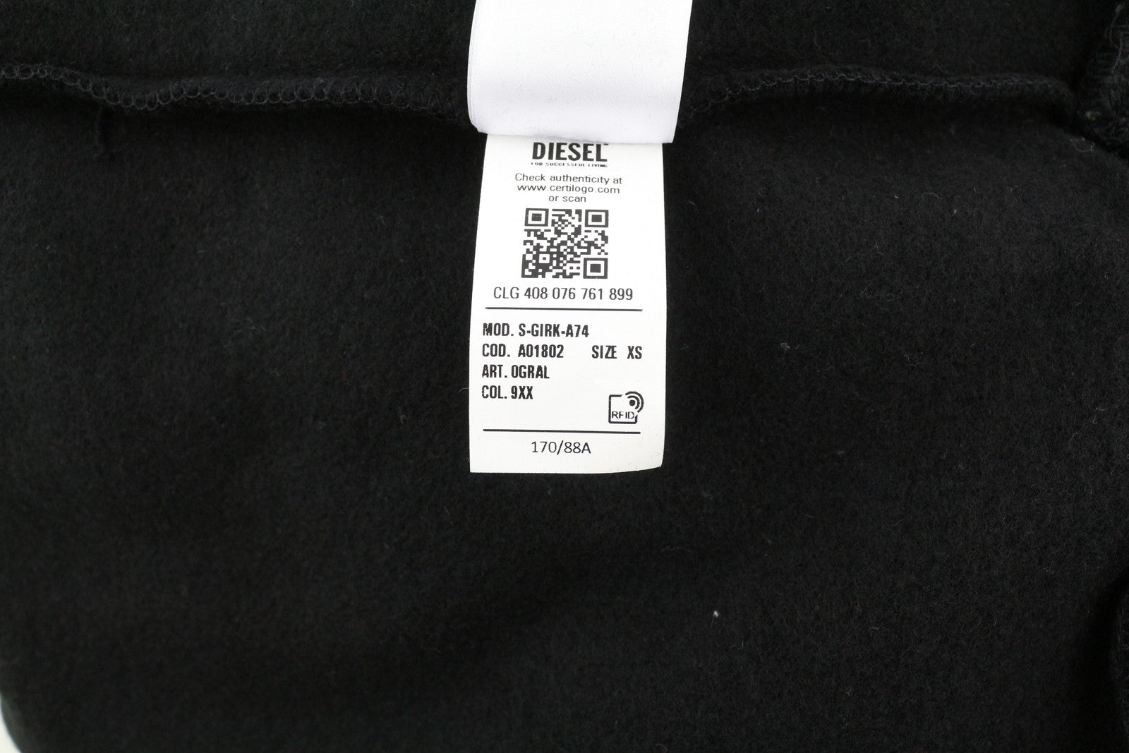 DIESEL S-Girk-A74 Men Sweatshirt XS Black Pullover Crew Neck Front Logo Unlined