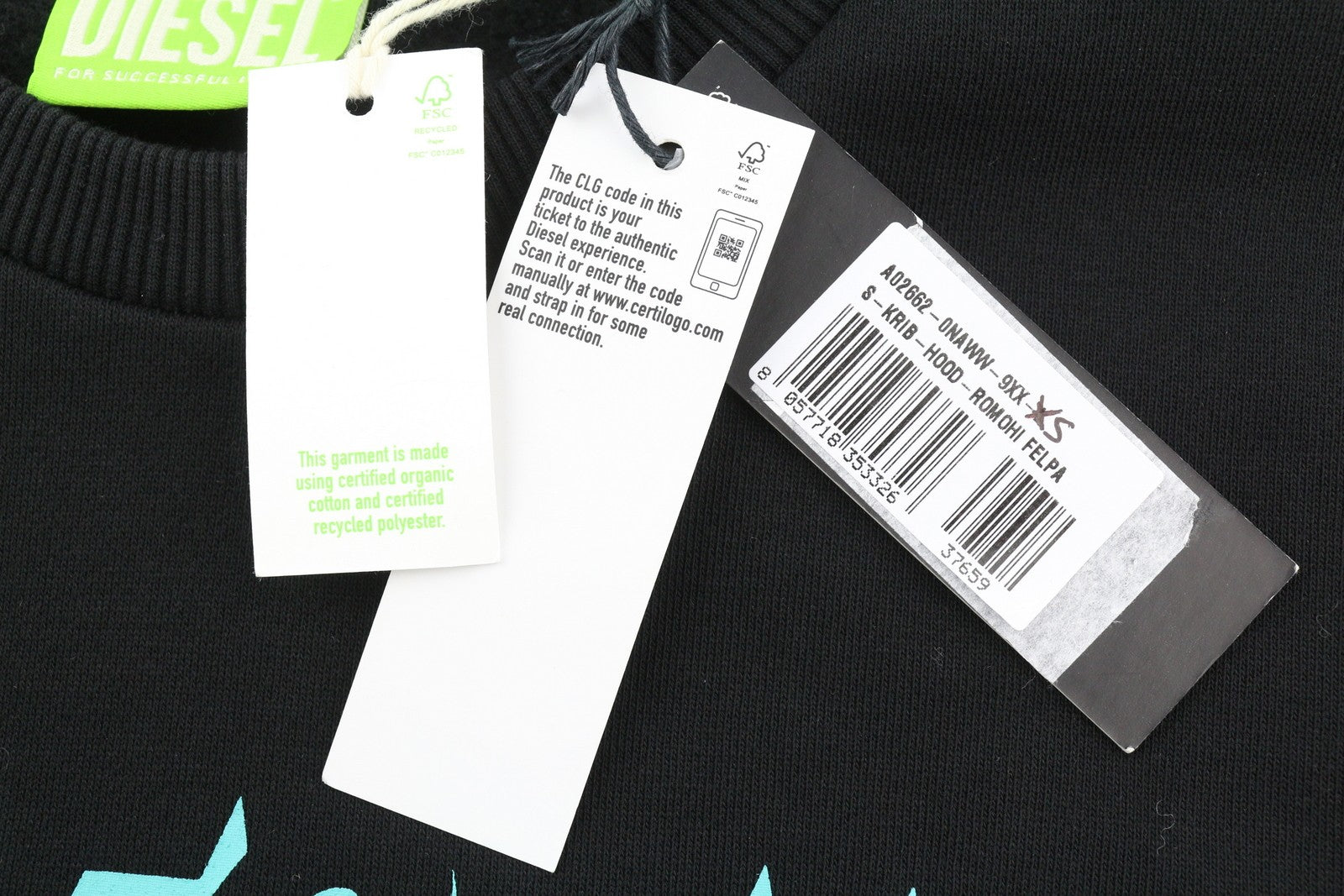 DIESEL S-Girk-A74 Men Sweatshirt XS Black Pullover Crew Neck Front Logo Unlined