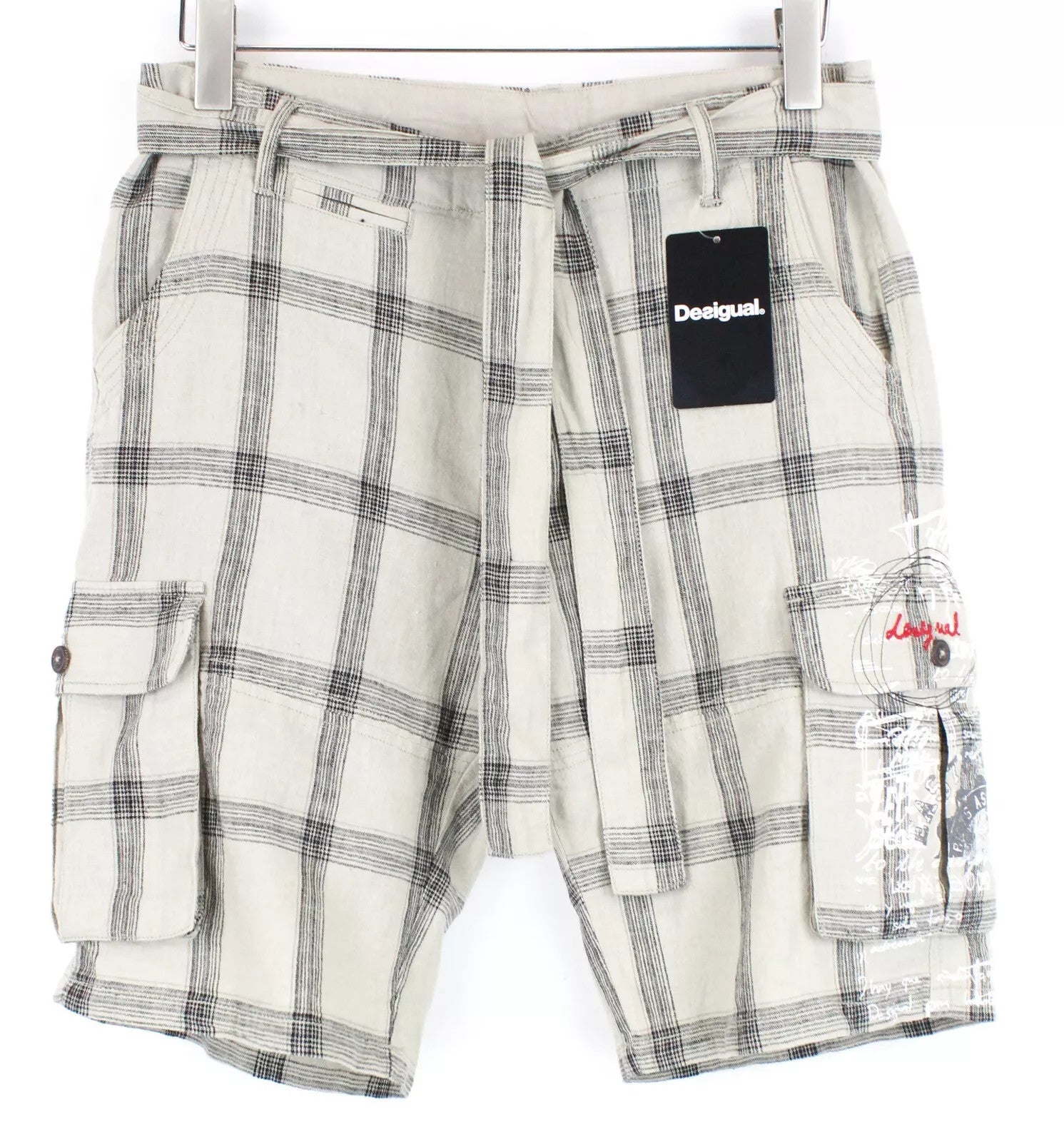 DESIGUAL Marc Men's Shorts Brown Checked Linen Blend UK10 Multi Pocket Cargo