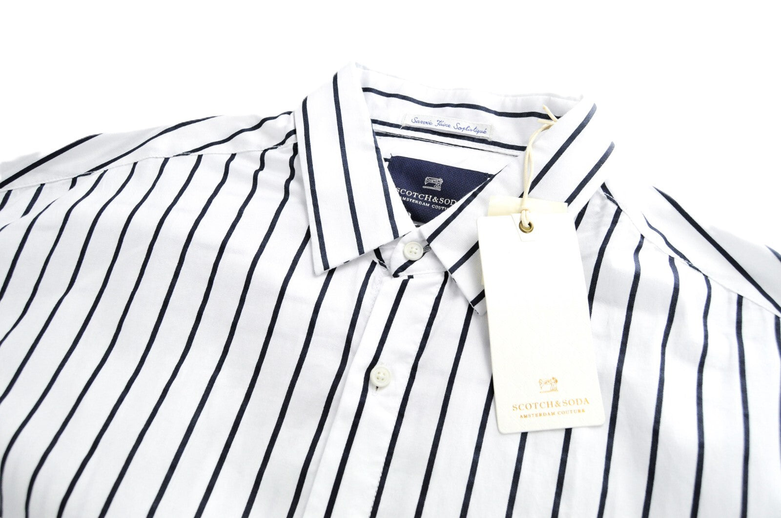 SCOTCH & SODA Ams Couture Men Shirt M White Cotton Striped Long Fit Patterned