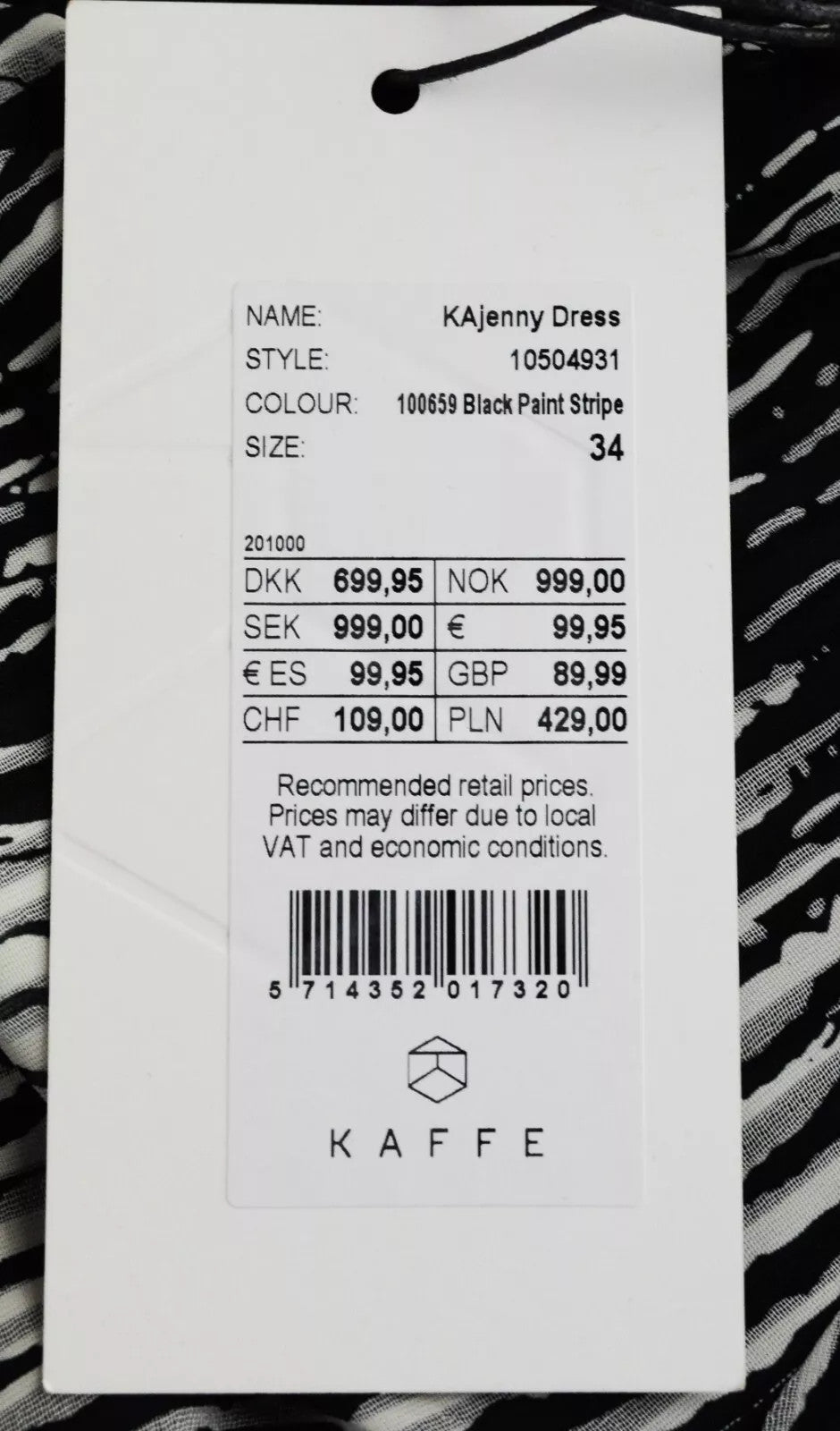 KAFFE Kajenny Women's Dress 34 Grey Patterned Long Sleeve V-Neck Mid-Length