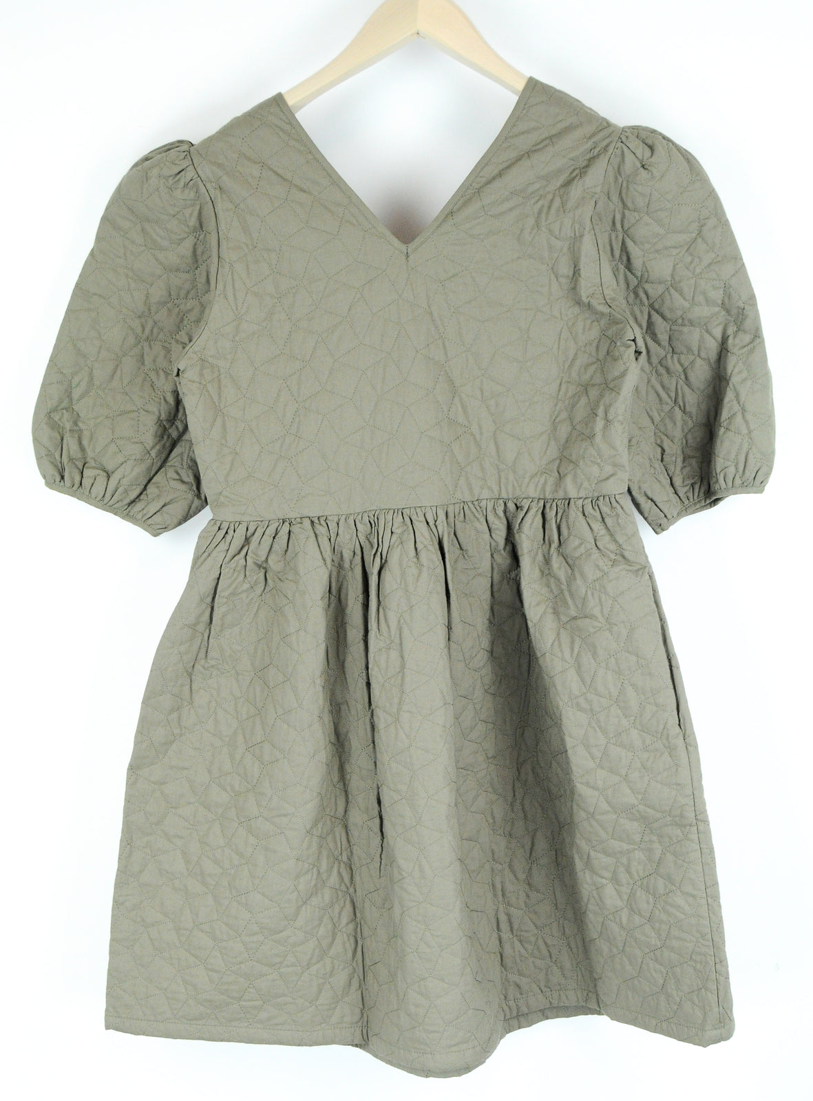 SELECTED Women Dress EU36 Green Cotton Short Sleeve Puffy Balloon Skirt Style