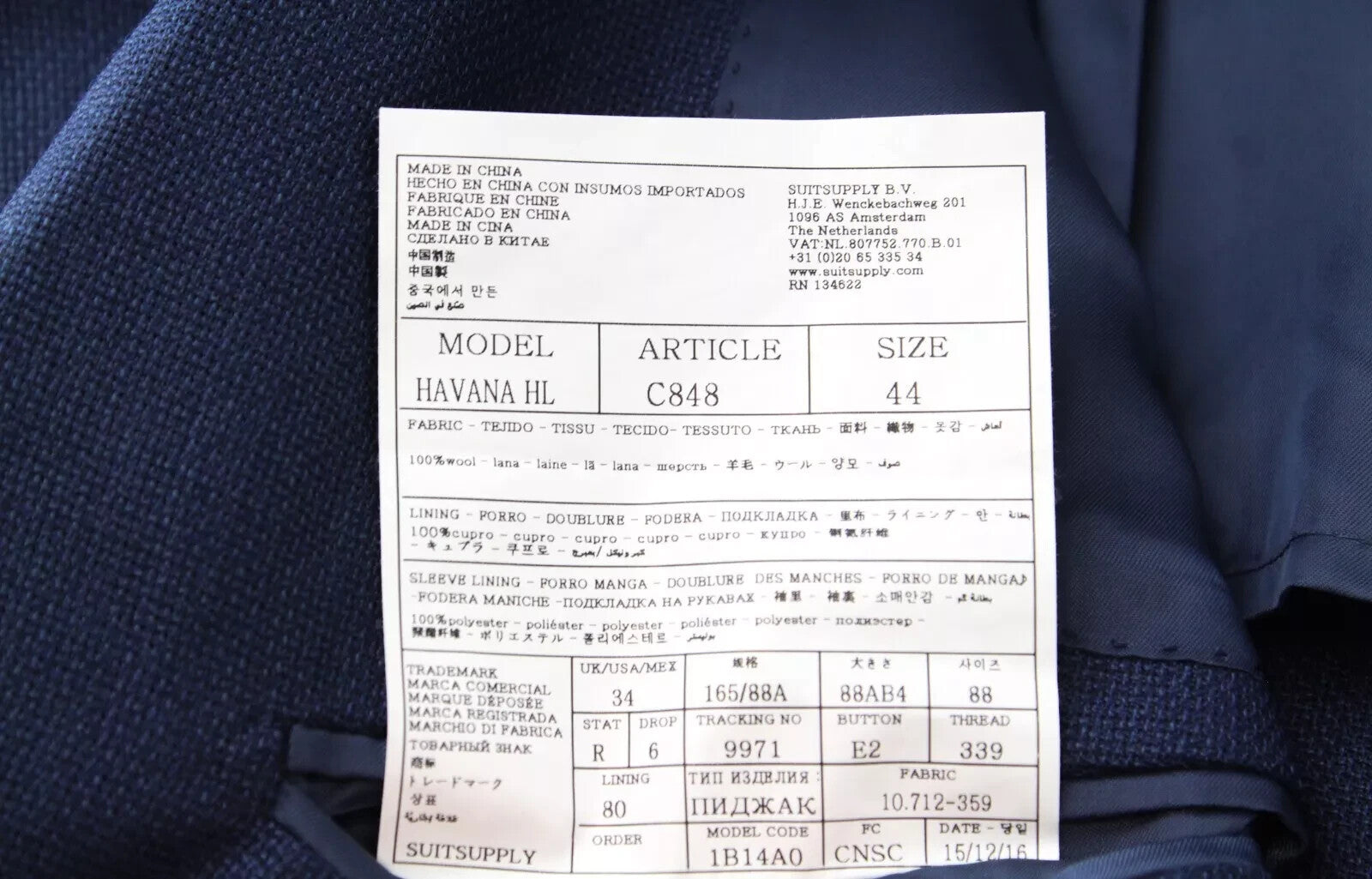 SUITSUPPLY Havana Men's Blazer UK34R Blue Wool Notch Collar Single-Breasted