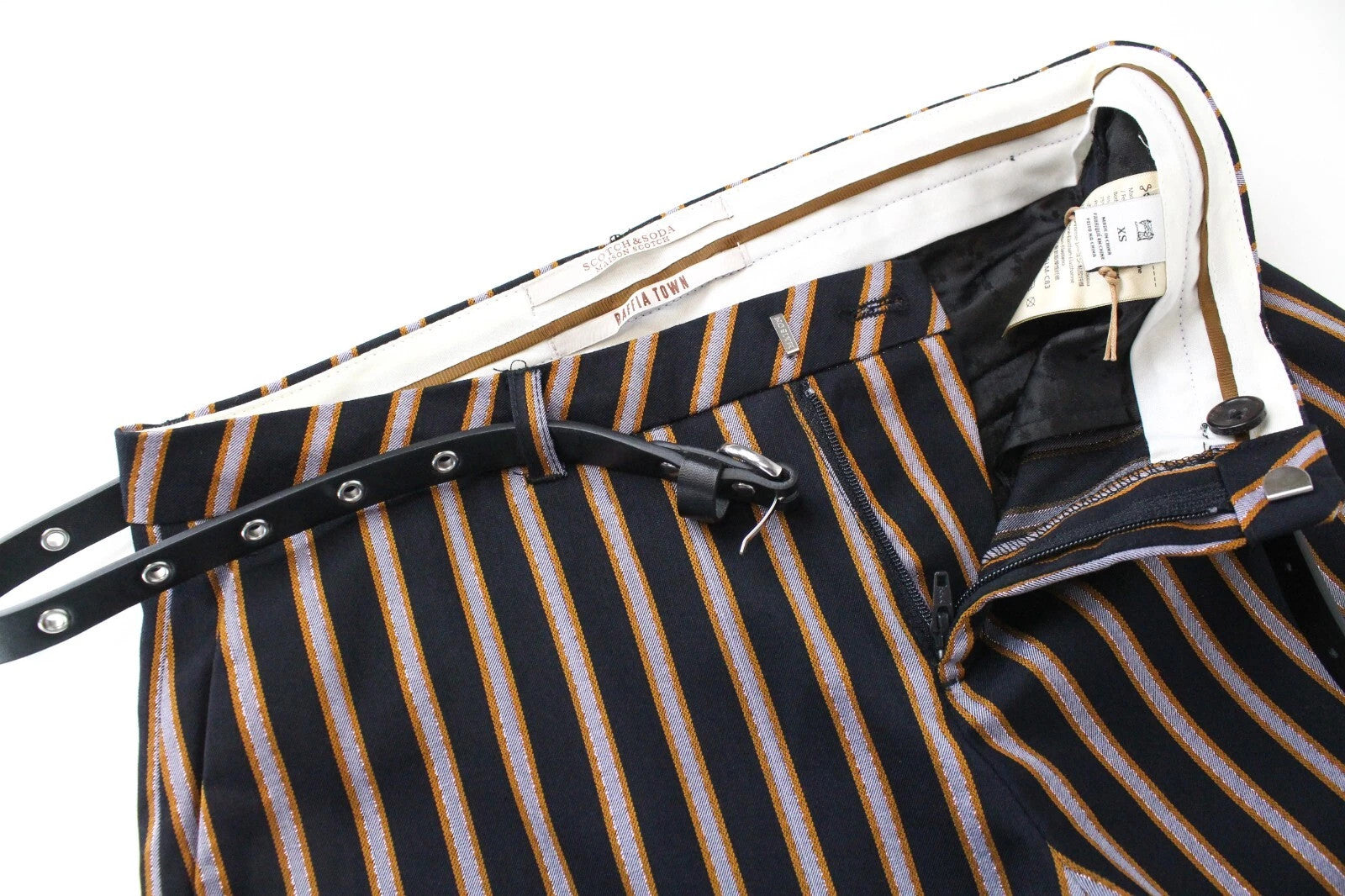 MAISON SCOTCH Women's Trousers XS Navy Striped Pleated Casual Belted