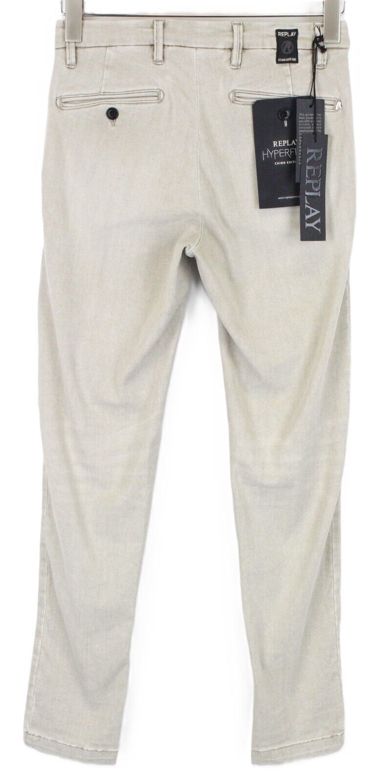 REPLAY Lehoen Men Chinos W27 Beige Cotton Hyperflex Washed Stretch Trousers