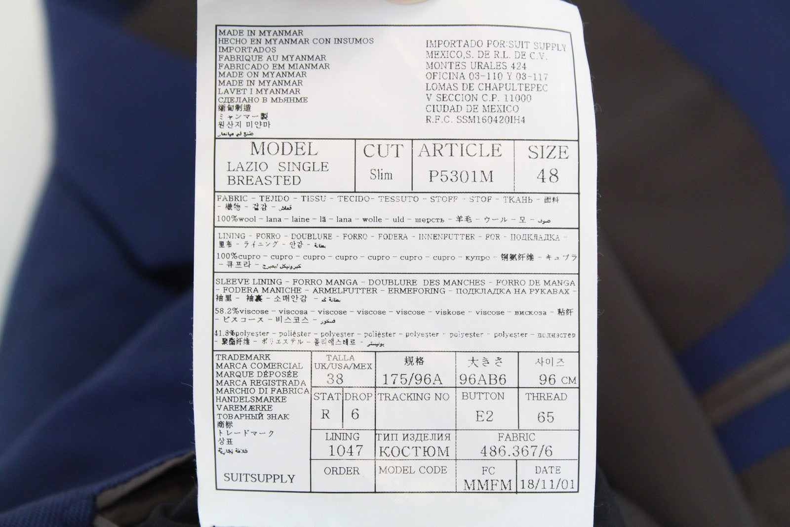 SUITSUPPLY Lazio Mens Blazer UK38R Super  Wool Slim  Blue Checked