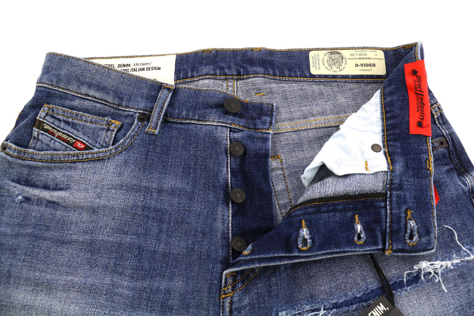 DIESEL D-Vider 0890X Men Jeans W30/L30 Carrot Fit Stretch Distress Washed Blue