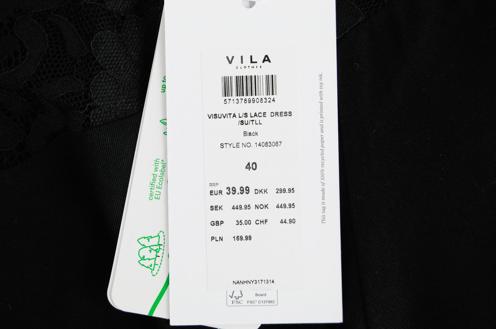 VILA Visuvita Women Dress EU40 Black Long Sleeve Laced Short Belted Tall Fit