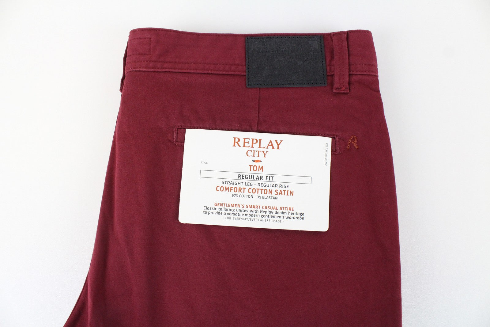 REPLAY Tom Men Trousers W34/L32 Red Cotton Stretch Straight Fit Smart Casual