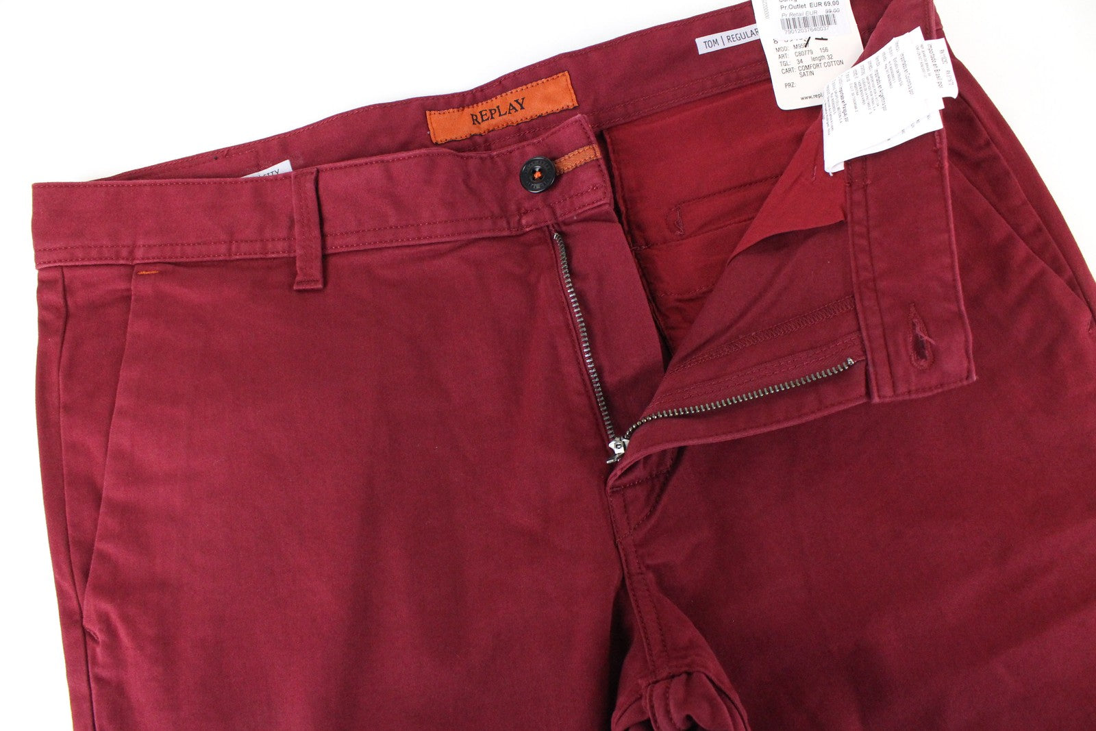 REPLAY Tom Men Trousers W34/L32 Red Cotton Stretch Straight Fit Smart Casual