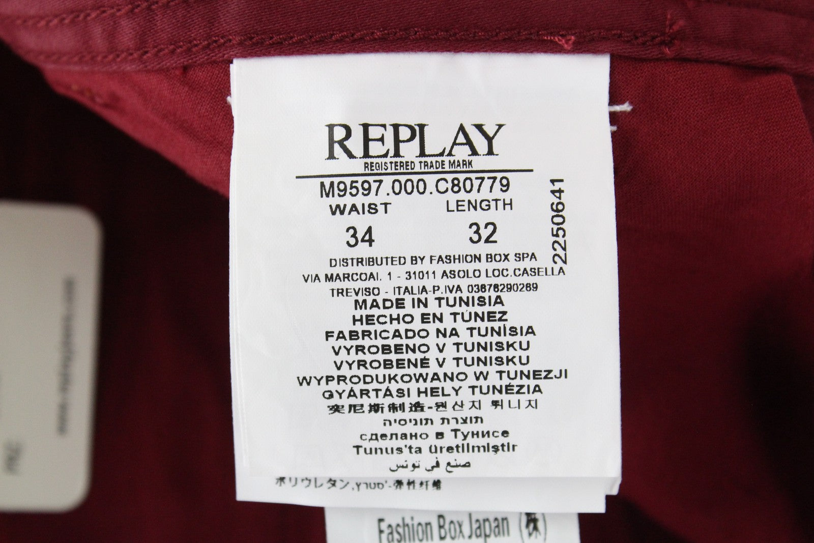 REPLAY Tom Men Trousers W34/L32 Red Cotton Stretch Straight Fit Smart Casual