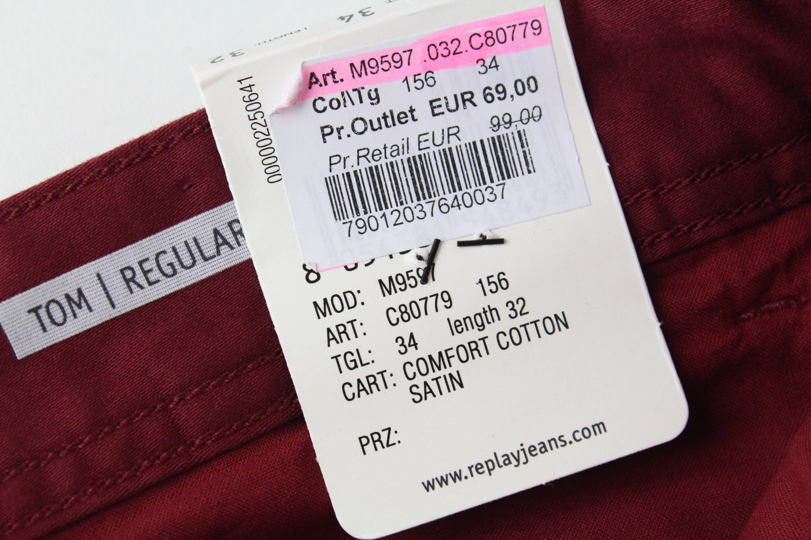 REPLAY Tom Men Trousers W34/L32 Red Cotton Stretch Straight Fit Smart Casual