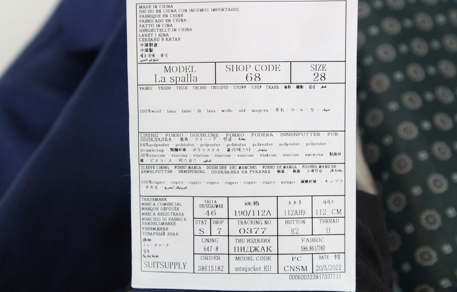 SUITSUPPLY La Spalla vyriškas švarkas UK46S mėlynas vilnonis švarkas su smailia apykakle 