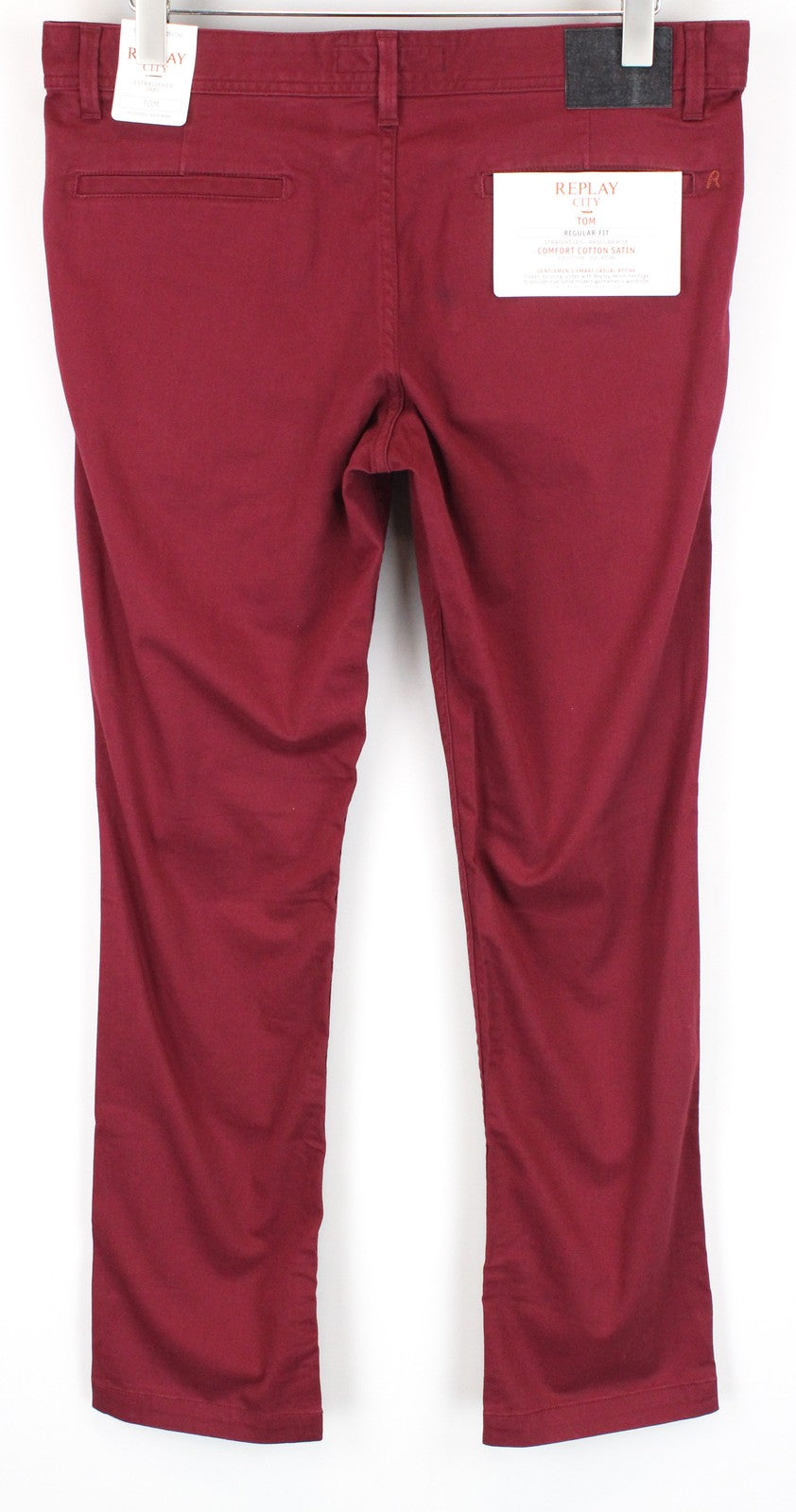 REPLAY Tom Men Trousers W33/L32 Red Cotton Stretch Regular Fit Stylish Pants