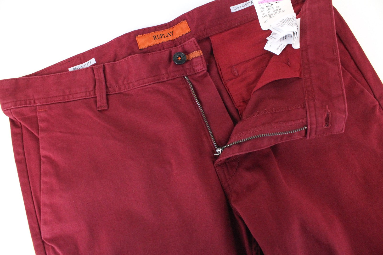 REPLAY Tom Men Trousers W33/L32 Red Cotton Stretch Regular Fit Stylish Pants
