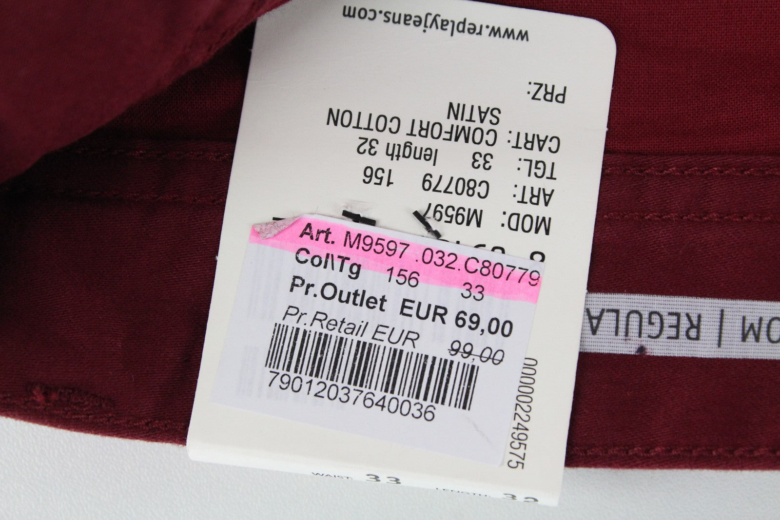 REPLAY Tom Men Trousers W33/L32 Red Cotton Stretch Regular Fit Stylish Pants