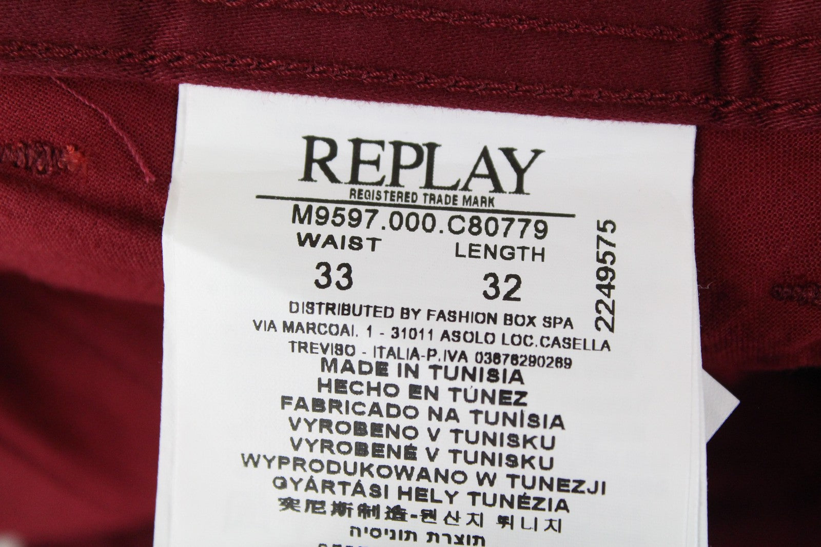 REPLAY Tom Men Trousers W33/L32 Red Cotton Stretch Regular Fit Stylish Pants