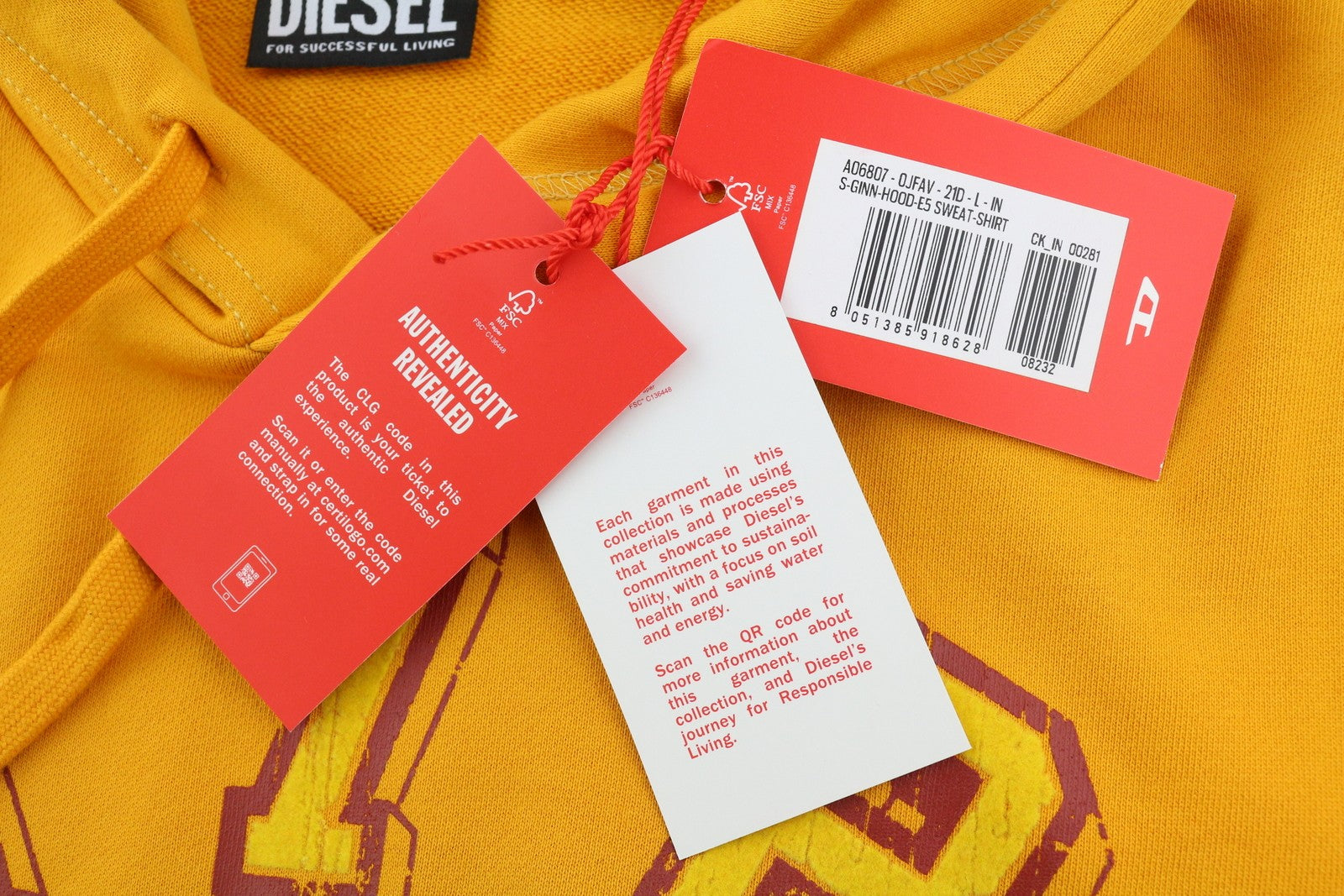 DIESEL S-Ginn-Hood-E5 Mens Hoodie L Yellow Pullover Kangaroo Pocket RRP€175