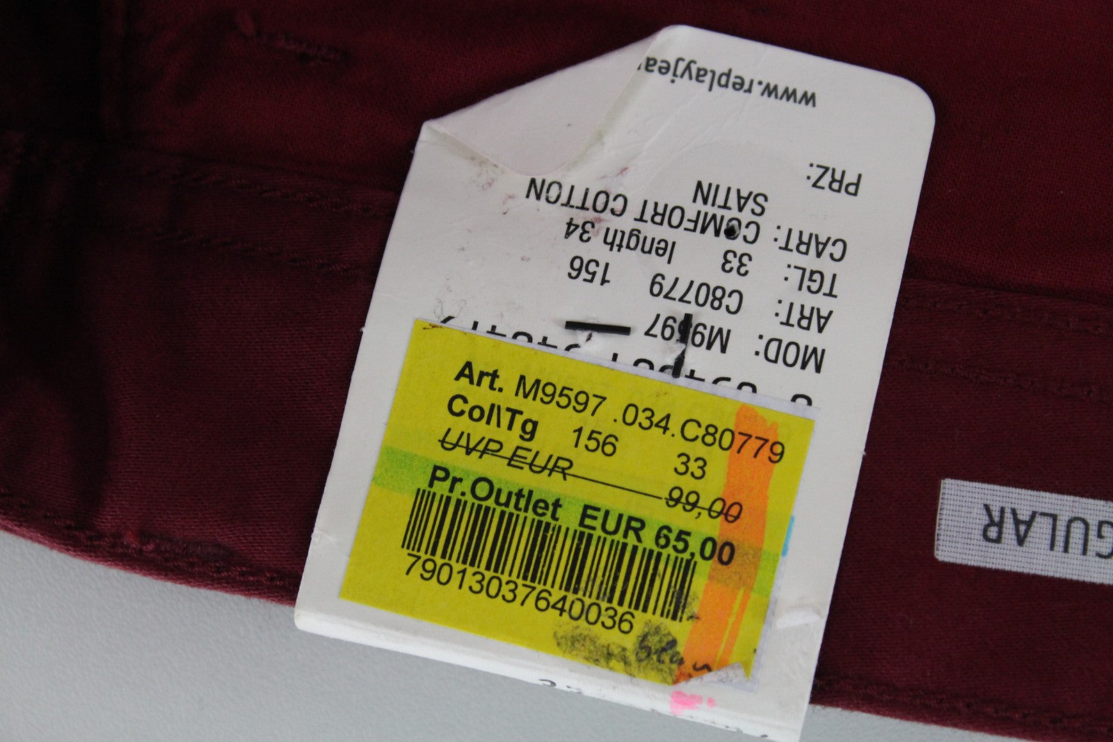 REPLAY Tom Men Trousers W33/L34 Red Cotton Stretch Straight Leg Casual Chinos