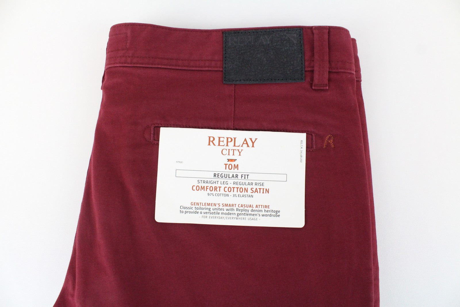 REPLAY Tom Men Trousers W33/L34 Red Cotton Stretch Straight Leg Casual Chinos