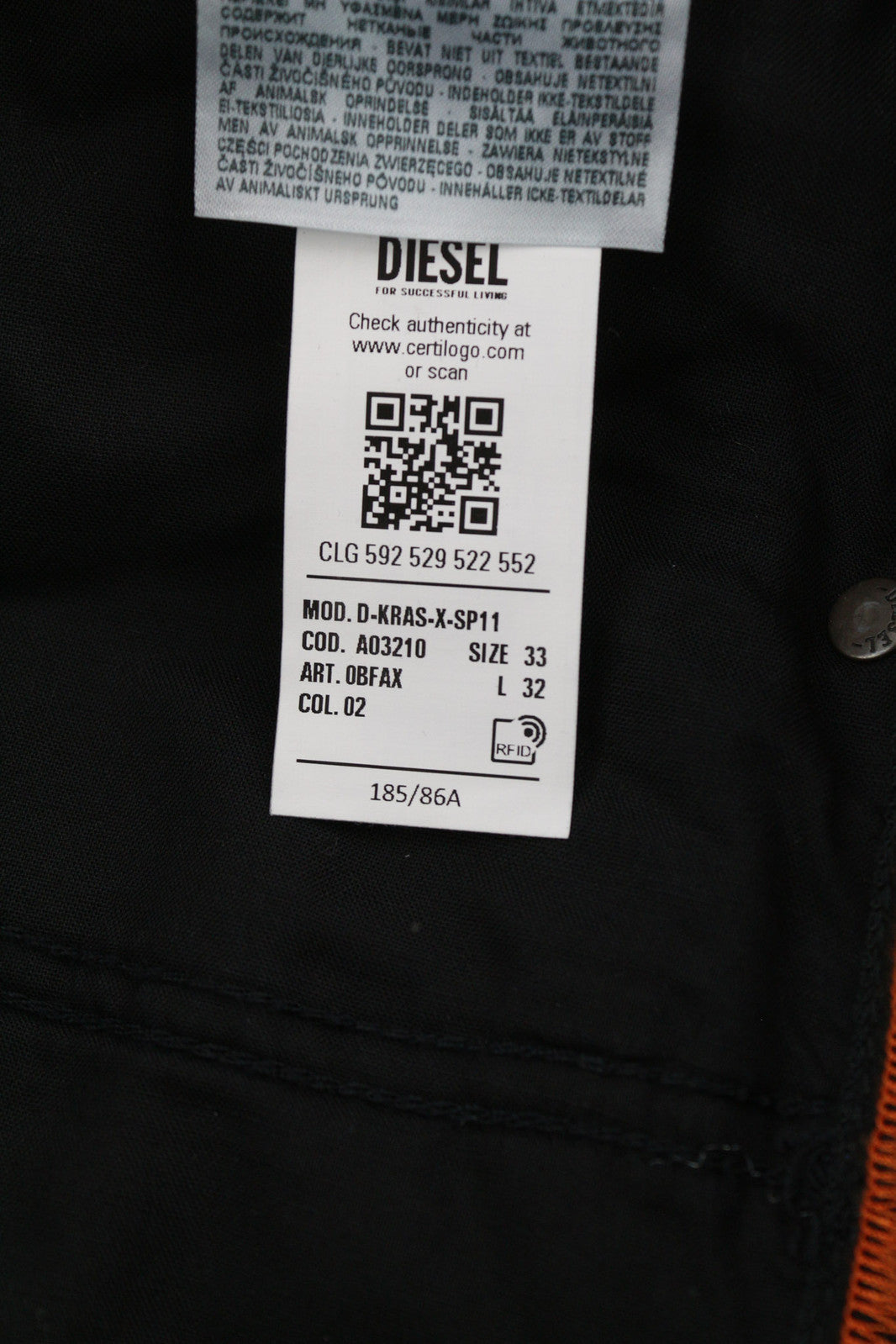 DIESEL D-Kras 0BFAX Men Jeans W33/L32 Denim Black Slim Fit Pockets RRP€275