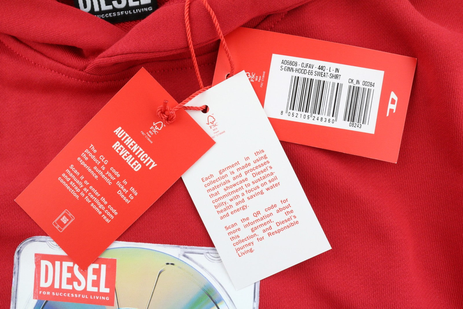 DIESEL S-Ginn-Hood-E6 Mens Hoodie L Red Hooded Pullover Kangaroo Pocket RRP€175