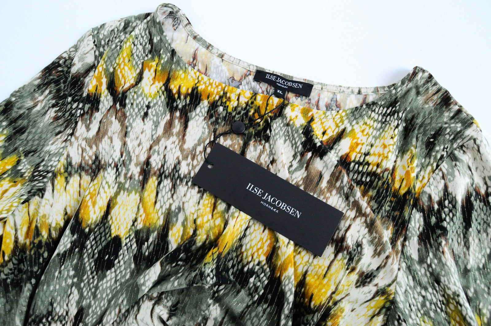 ILSE JACOBSEN Women Dress XL Green Snake Pattern Stretch Shiny Long Sleeve