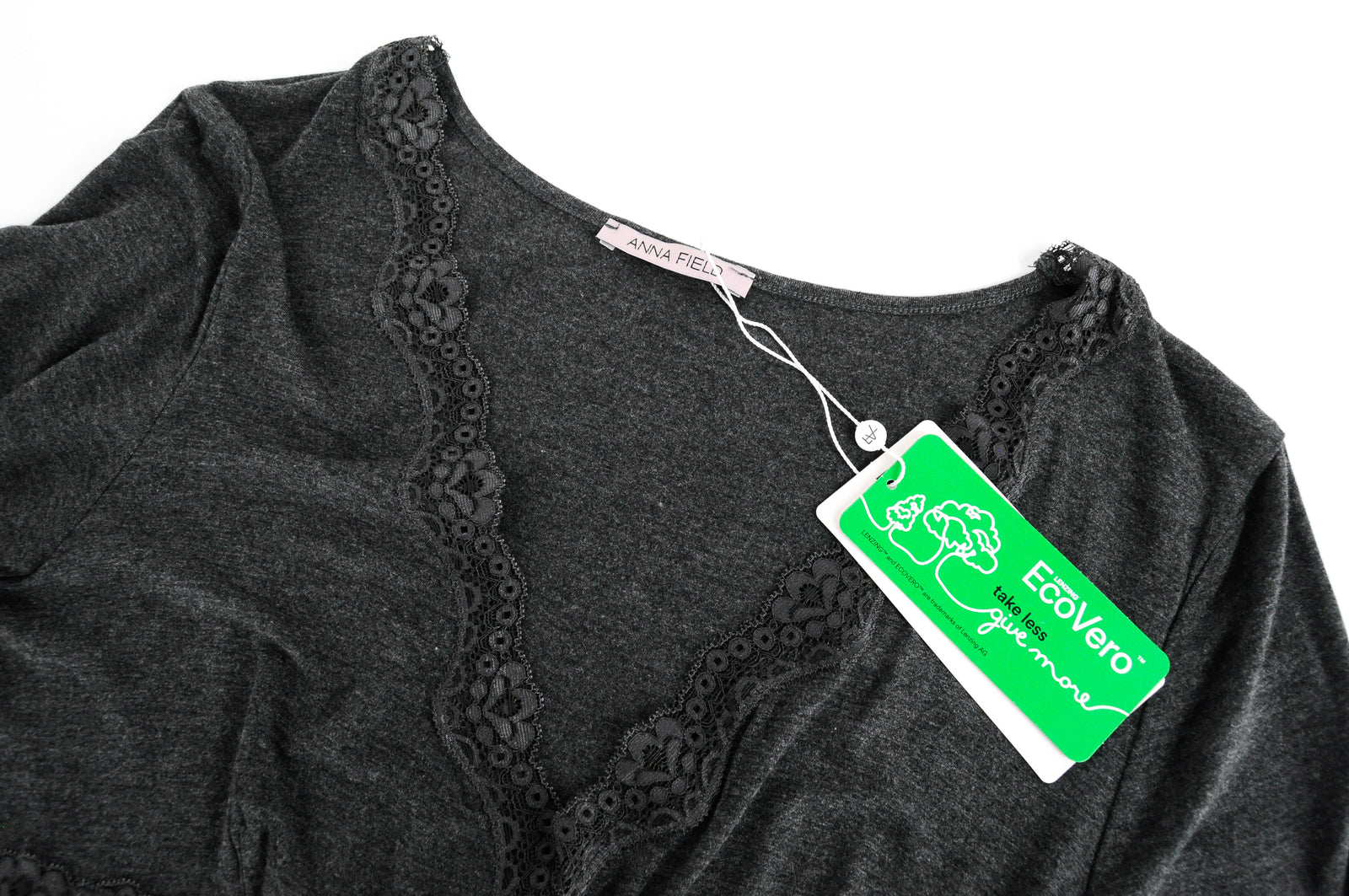 ANNA FIELD Women Dress L Grey Long Sleeve Over Knee Stretch Lace V-Neck Style