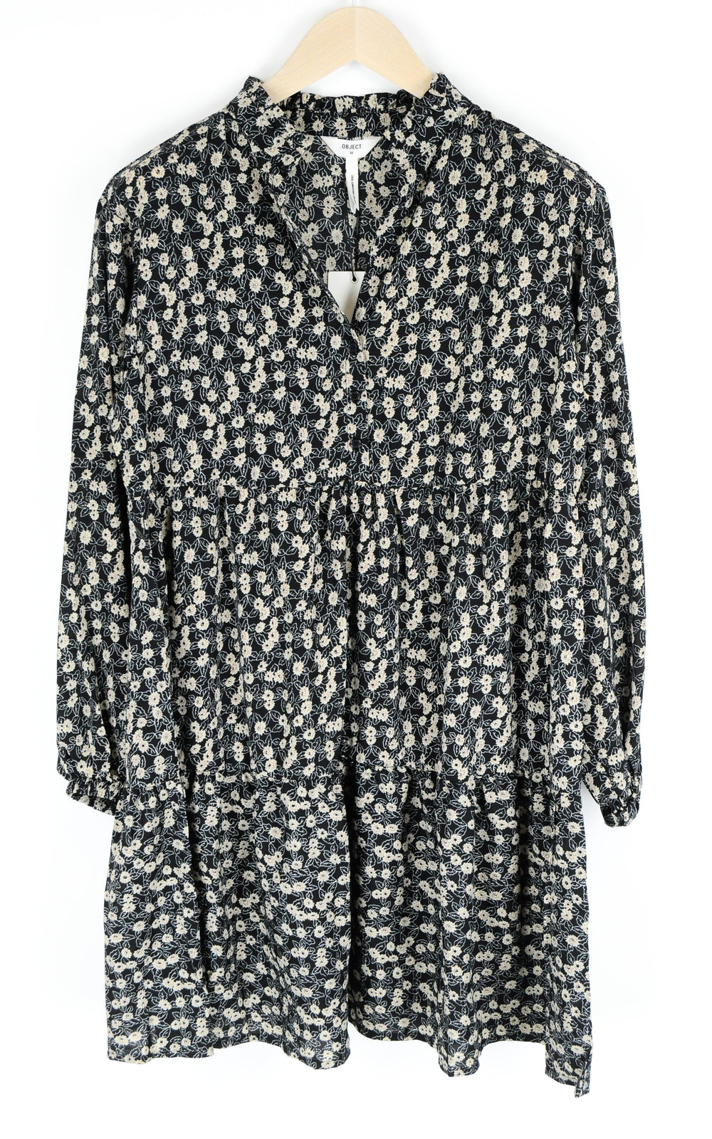 OBJECT Women Dress EU38 Black Floral Pattern Long Sleeve V-Neck Half-Buttoned