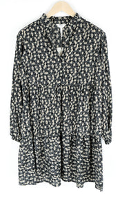 OBJECT Women Dress EU38 Black Floral Pattern Long Sleeve V-Neck Half-Buttoned