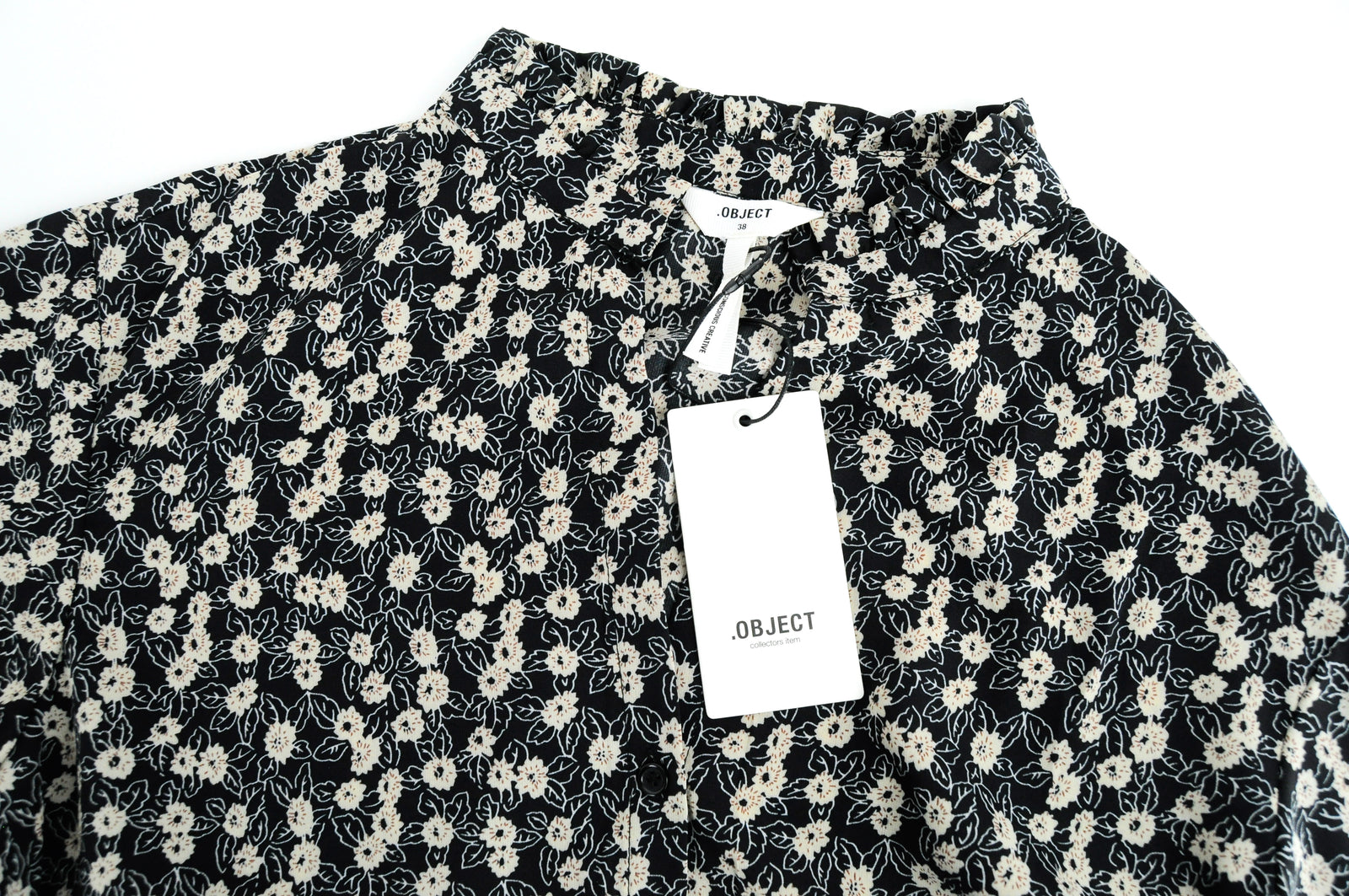 OBJECT Women Dress EU38 Black Floral Pattern Long Sleeve V-Neck Half-Buttoned