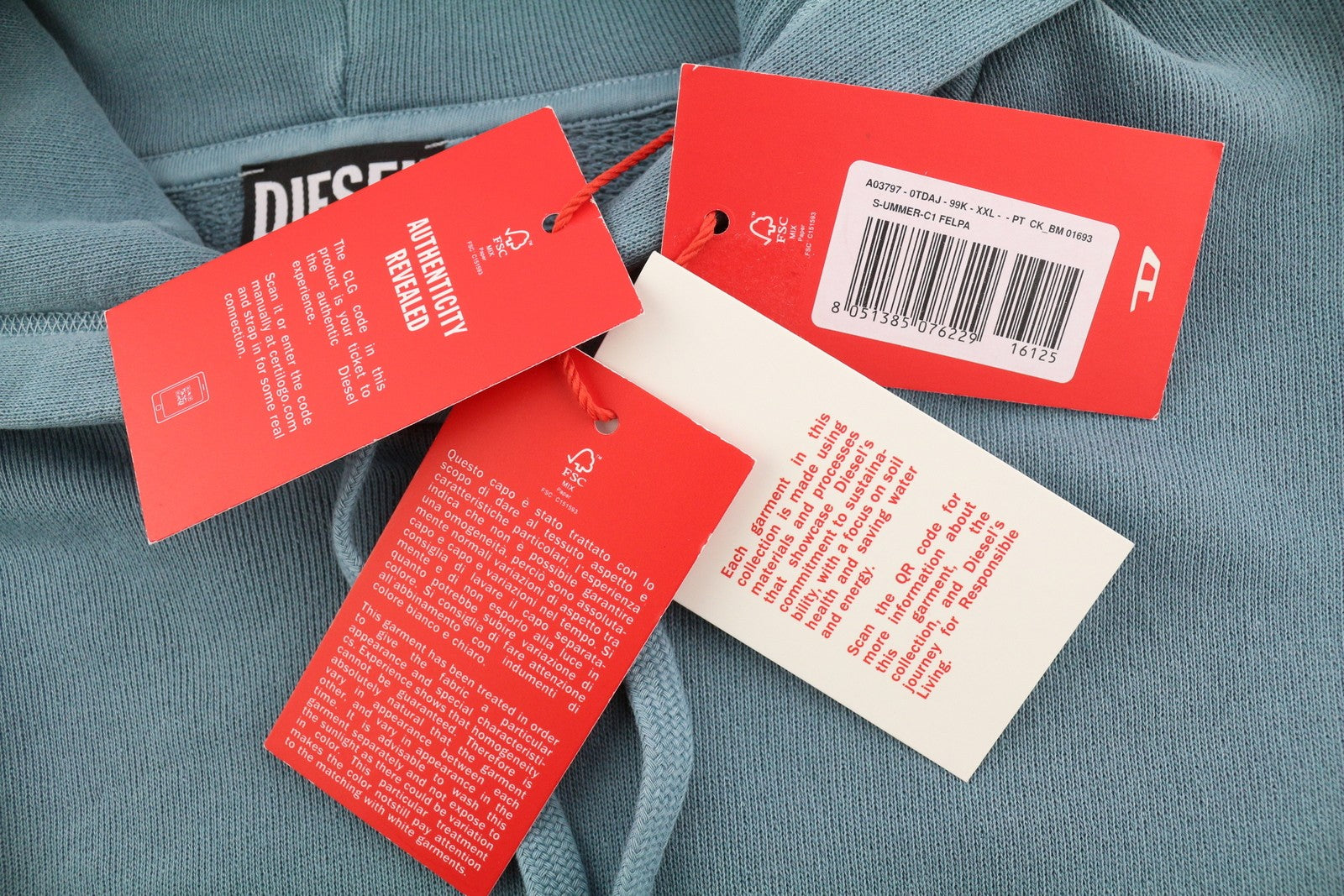 DIESEL S-Ummer-C1 Mens Hoodie 2XL Washed Blue Oversized Kangaroo Pocket RRP€250