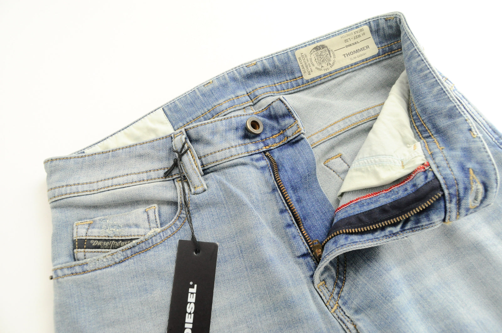 DIESEL Thommer 087AX Men's Blue Jeans W27/L32 Ripped Washed Slim Skinny Fit