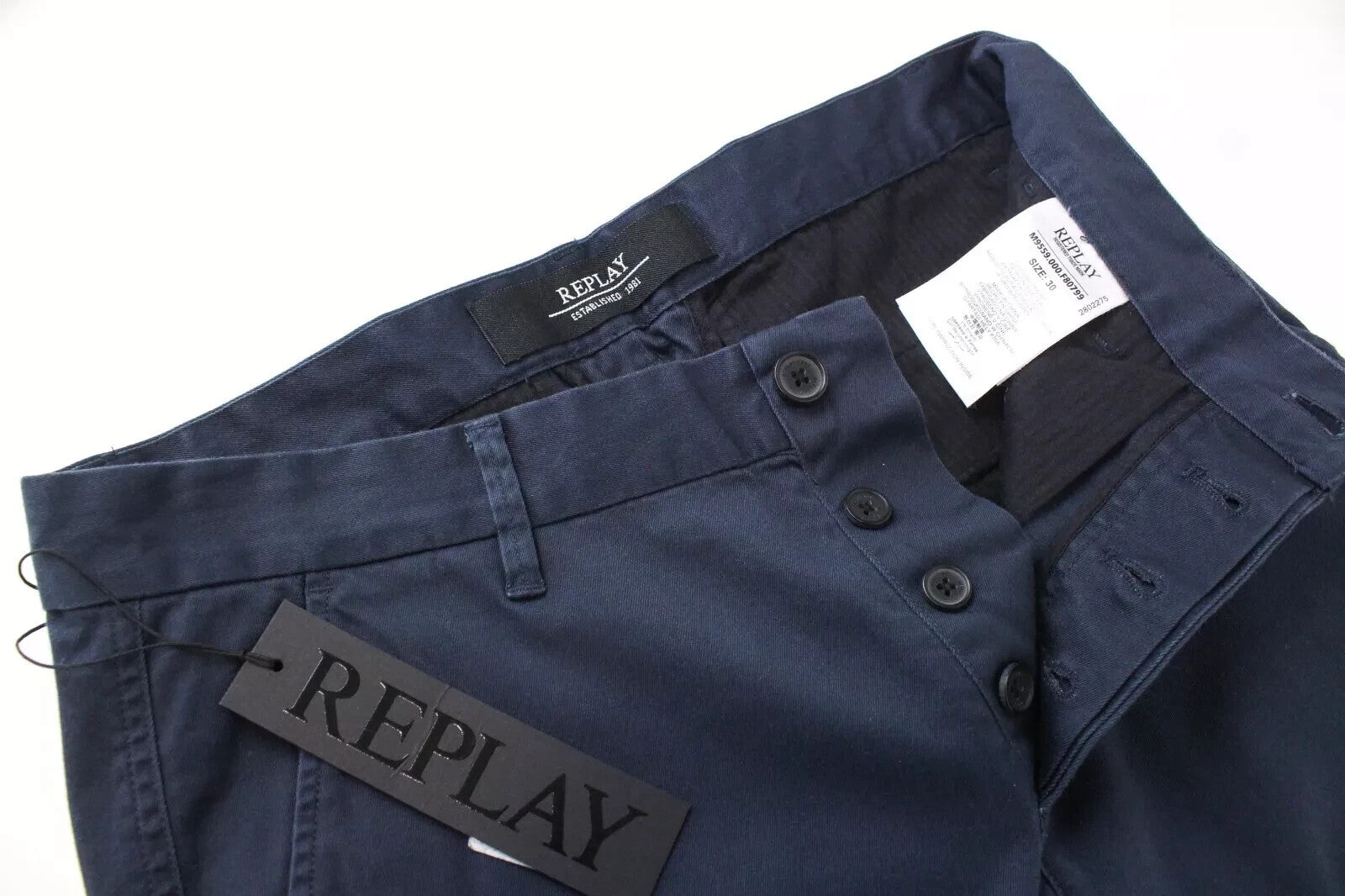 REPLAY Men's Trousers 30 Blue Slim Fit Cotton Stretch Casual Slit Pocket