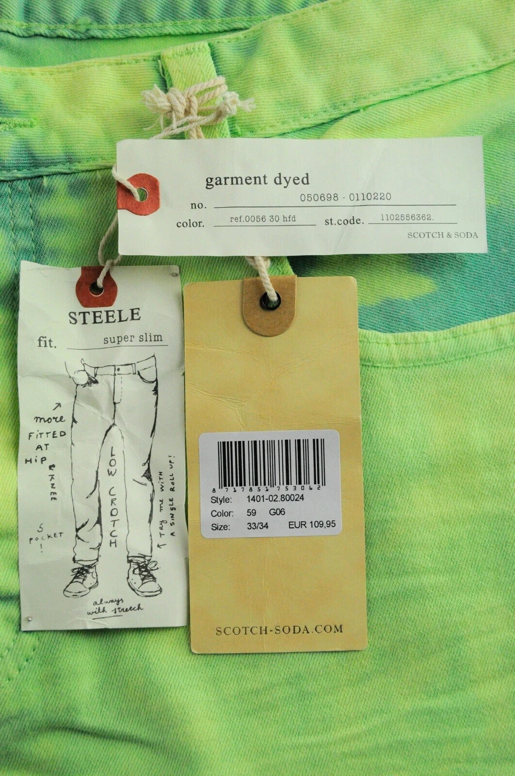 SCOTCH &amp; SODA Steele vyriški džinsai W33/L34 itin ploni, žaliai dažyti, su sagomis 