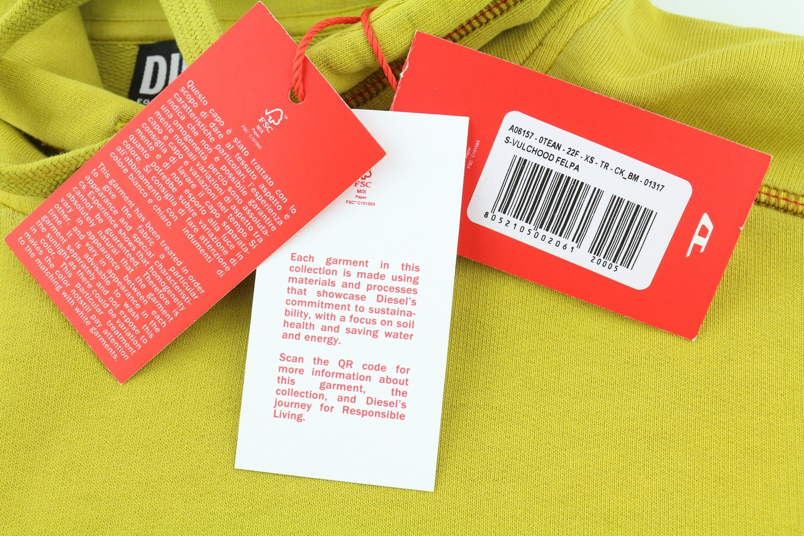 DIESEL S-Vulchood Mens Hoodie XS Mustard Pullover Oversizedd Kangaroo RRP€250