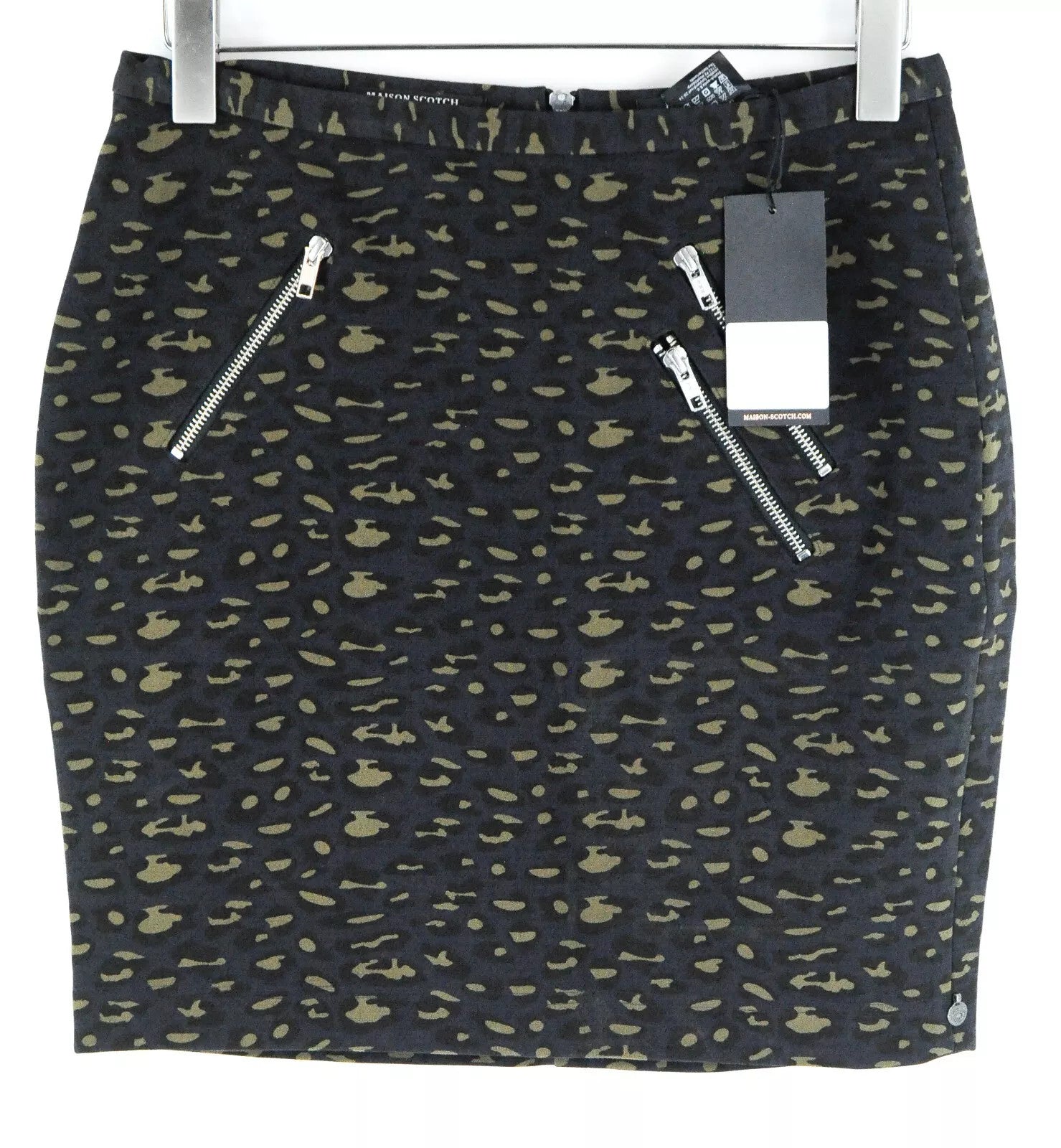 MAISON SCOTCH Women's Skirt L Dark Blue Stretch Zip Pockets Animal Print
