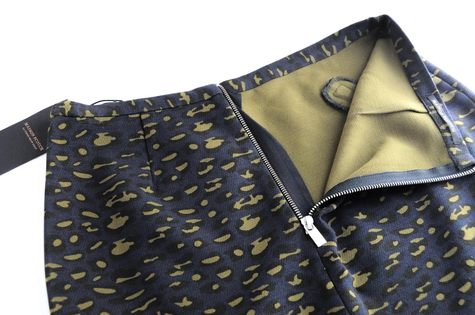 MAISON SCOTCH Women's Skirt L Dark Blue Stretch Zip Pockets Animal Print