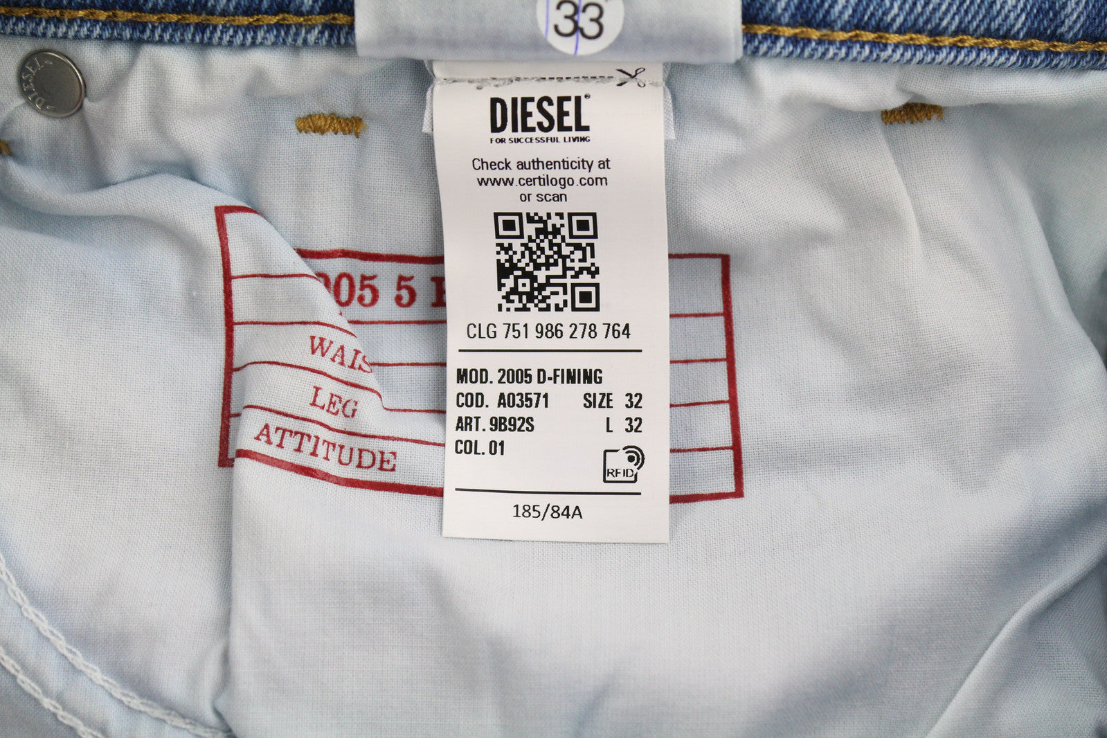 DIESEL 2005 D-Fining 9B92S Men Jeans W32/L32 Regular Mid Tapered Blue RRP€160