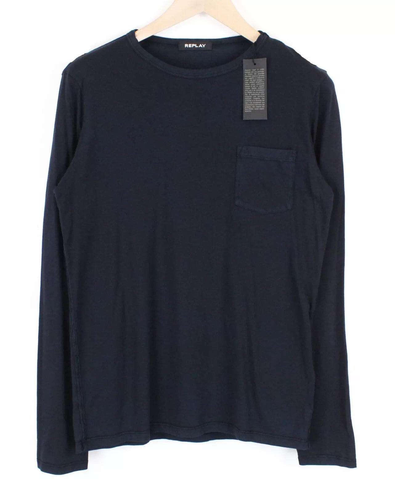 REPLAY Men's T-Shirt S Navy Cotton Long Sleeve Plain Pocketed Pullover