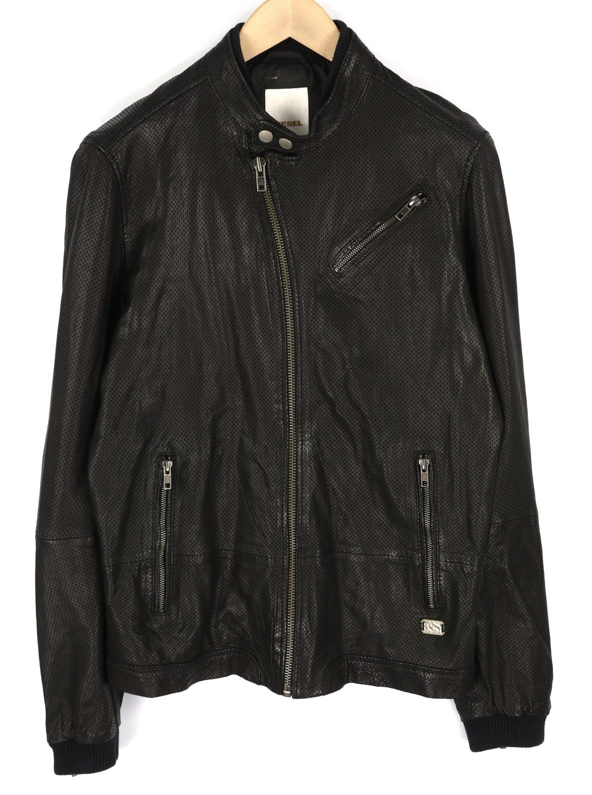 DIESEL Men Jacket L Black Lambskin Leather Asymmetrical Zipper Band Neck Logo