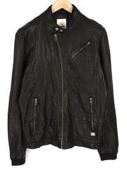 DIESEL Men Jacket L Black Lambskin Leather Asymmetrical Zipper Band Neck Logo