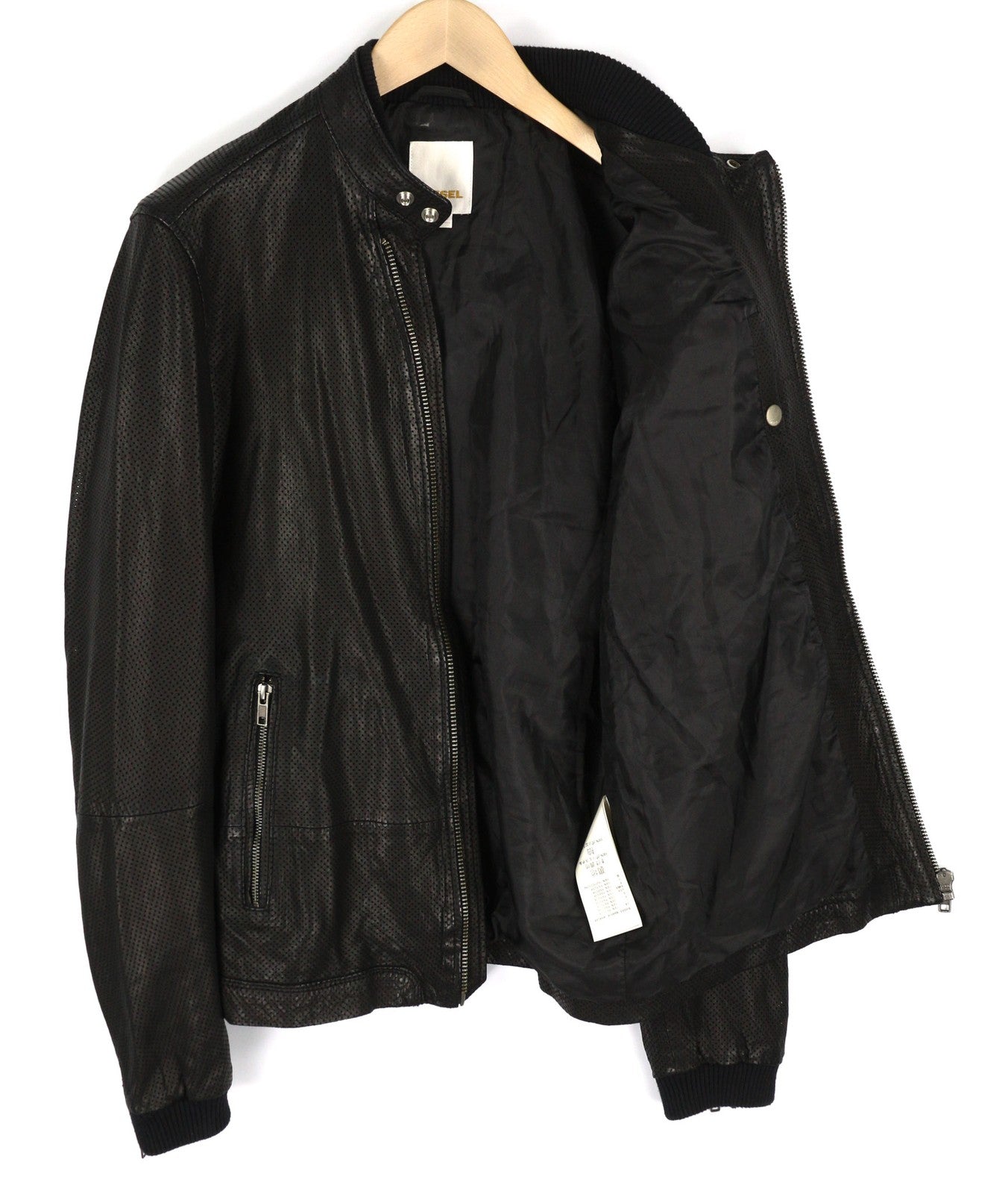 DIESEL Men Jacket L Black Lambskin Leather Asymmetrical Zipper Band Neck Logo