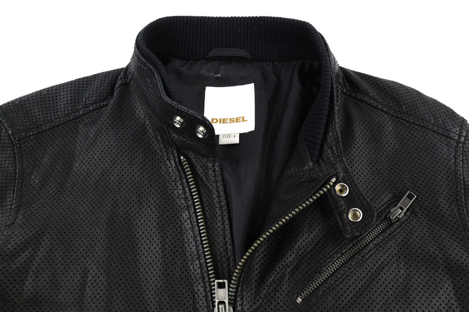 DIESEL Men Jacket L Black Lambskin Leather Asymmetrical Zipper Band Neck Logo