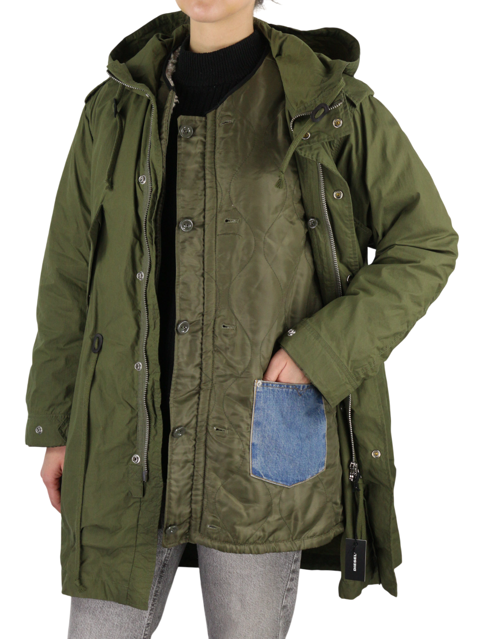 DIESEL W-Terry Women Jacket S Green Parka Zip Hooded Sherpa Lined RRP€395